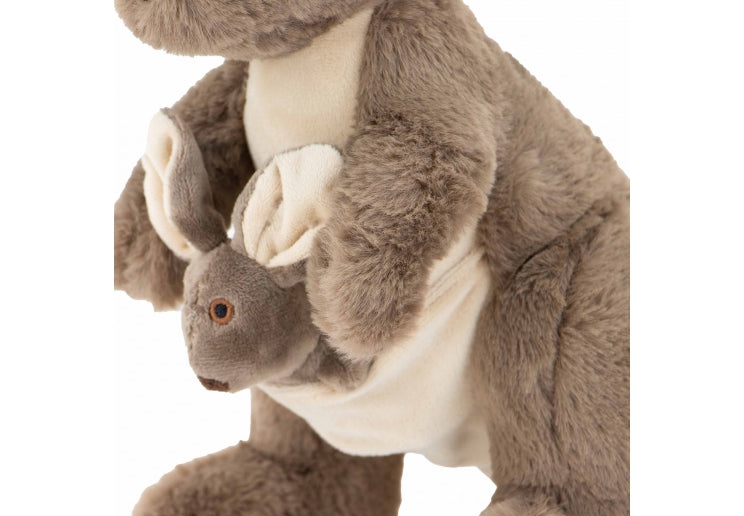 Plush toy koala holding a baby koala on a white background