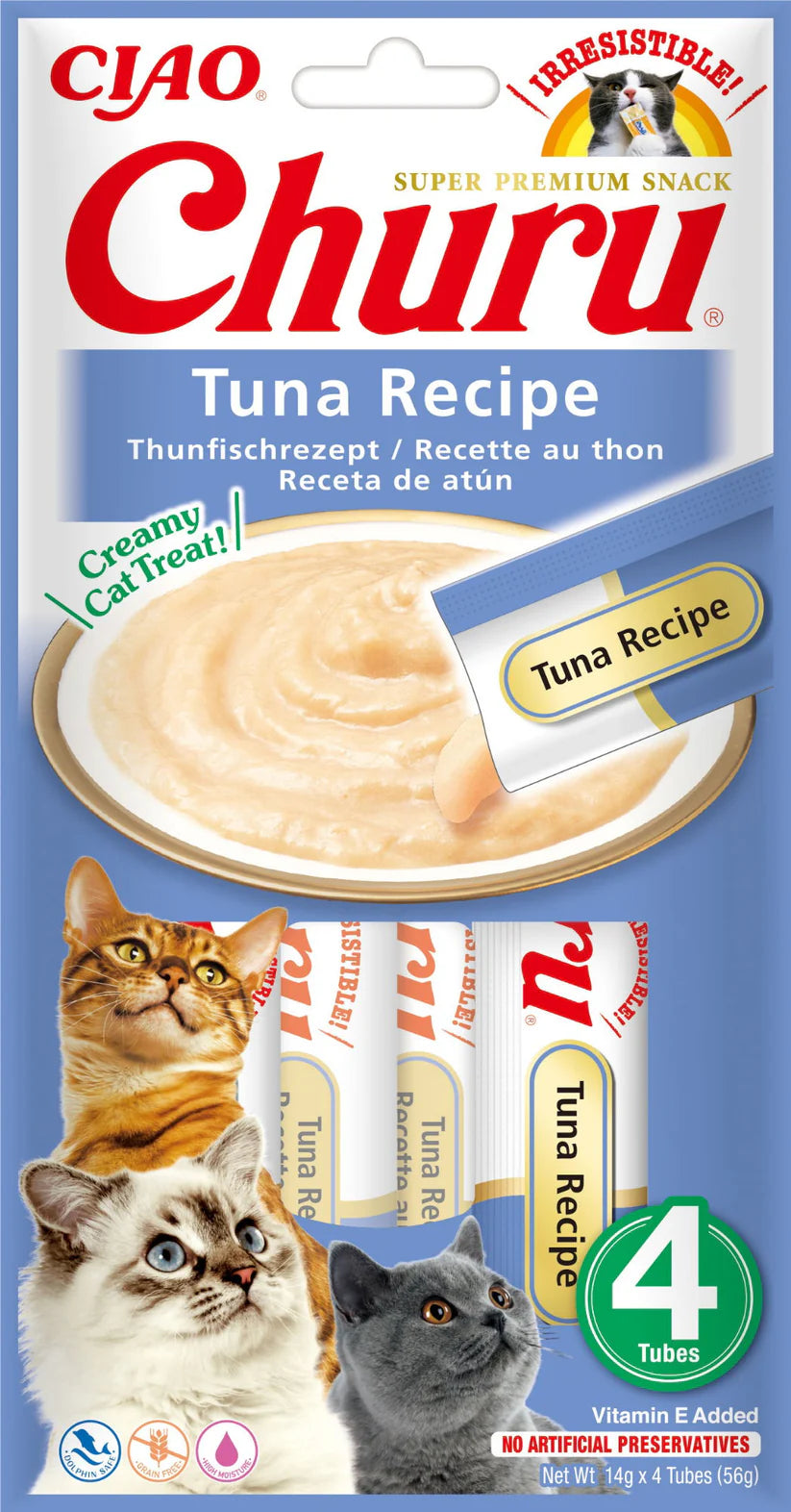 Inaba Churu Tuna Recipe grain free lickable cat treats 4 pack made with human grade tuna