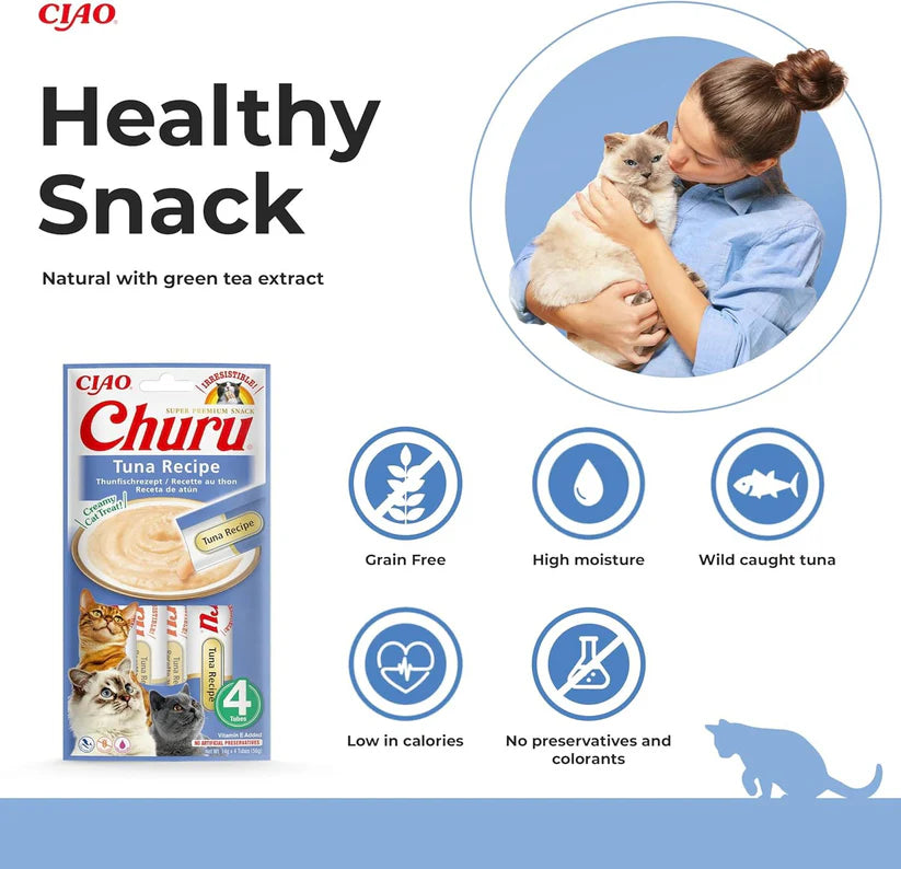 Inaba Churu Tuna Recipe grain free lickable cat treats 4 pack made with human grade tuna