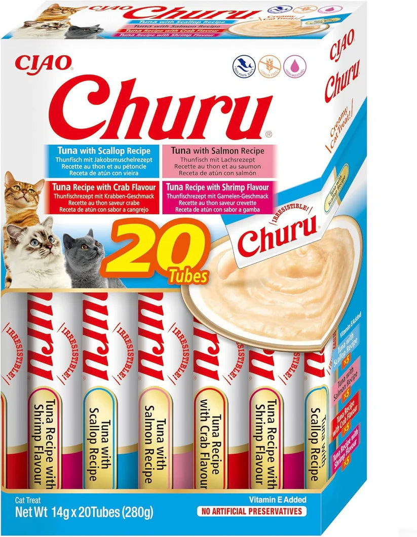Inaba Churu Tuna Seafood Variety grain free lickable cat treats 20 pack with scallop salmon crab and shrimp