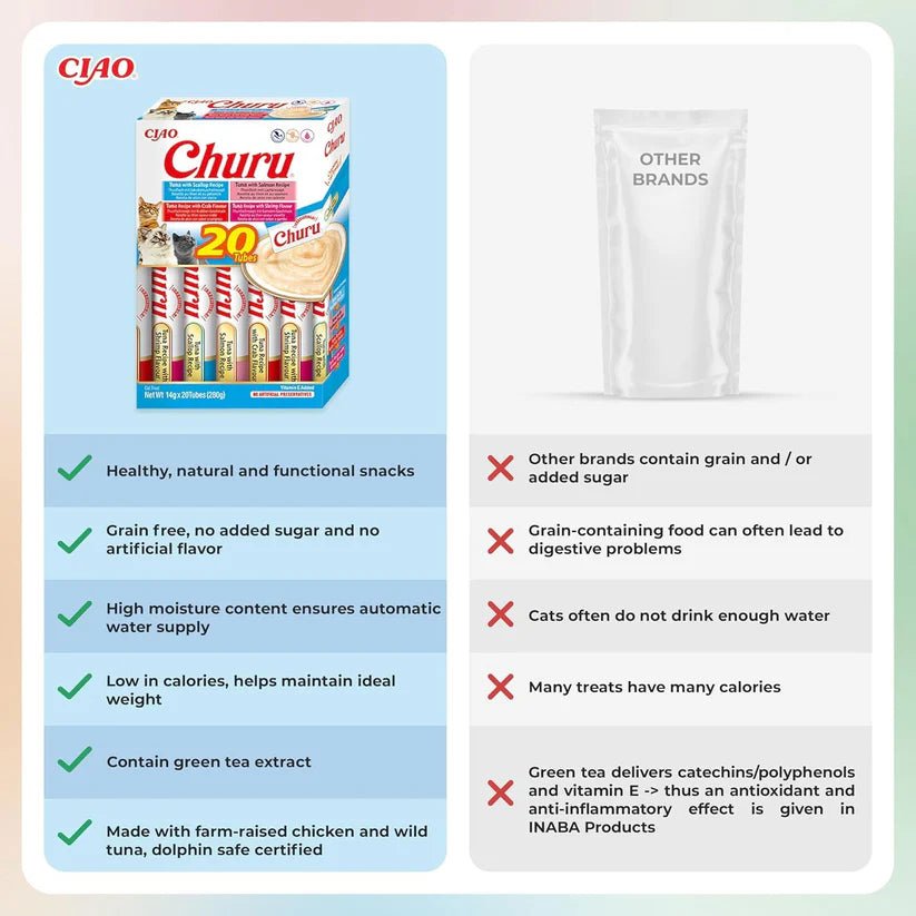 Inaba Churu Tuna Seafood Variety grain free lickable cat treats 20 pack with scallop salmon crab and shrimp