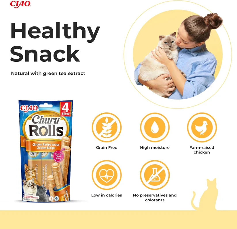 Inaba Churu Rolls chicken with chicken grain free dual texture cat treats 4 pack