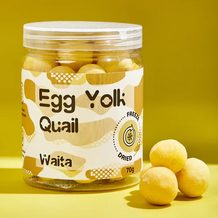 Jar of freeze-dried egg yolk quail with a yellow background