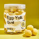 Jar of freeze-dried egg yolk quail with a yellow background