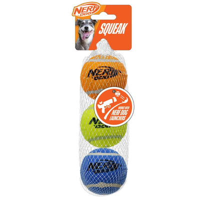 Nerf Dog Toy Squeaky Tennis Ball 2.5in 3pk – Blue/Yellow/Orange