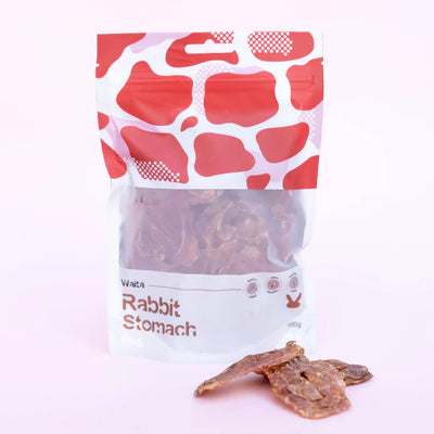 Package of rabbit stomach treats with visible text on a white background
