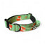 Green dog collar with fox pattern on a white background