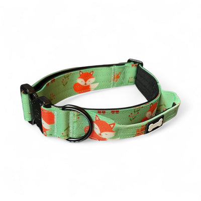 Green dog collar with fox pattern on a white background