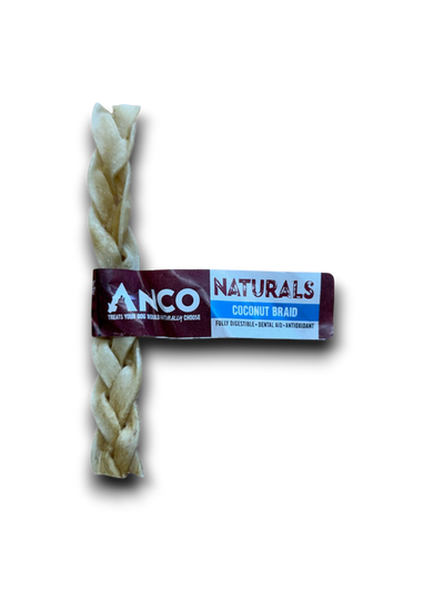 Braided Anco Naturals Coconut Braid chew with product label, made from 100% beef and natural coconut flavouring, ideal for dogs who love long-lasting natural treats.

