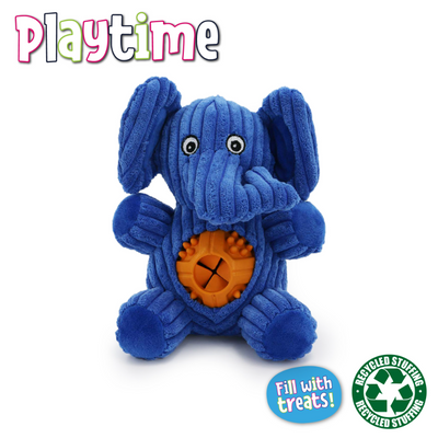 Blue plush elephant dog toy with recycled stuffing and a treat-dispensing rubber centre; part of the Playtime range, suitable for interactive enrichment play.