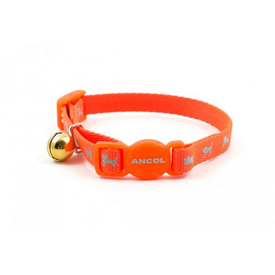 Ancol kitten collar in bright orange with reflective silver cat motifs, adjustable fit, quick-release safety buckle, and gold bell for added visibility and safety.