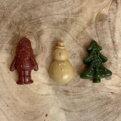 Antos Christmas Santa and Snowman dog chews – fun festive shaped low-fat starch treats for dogs, sold individually.
