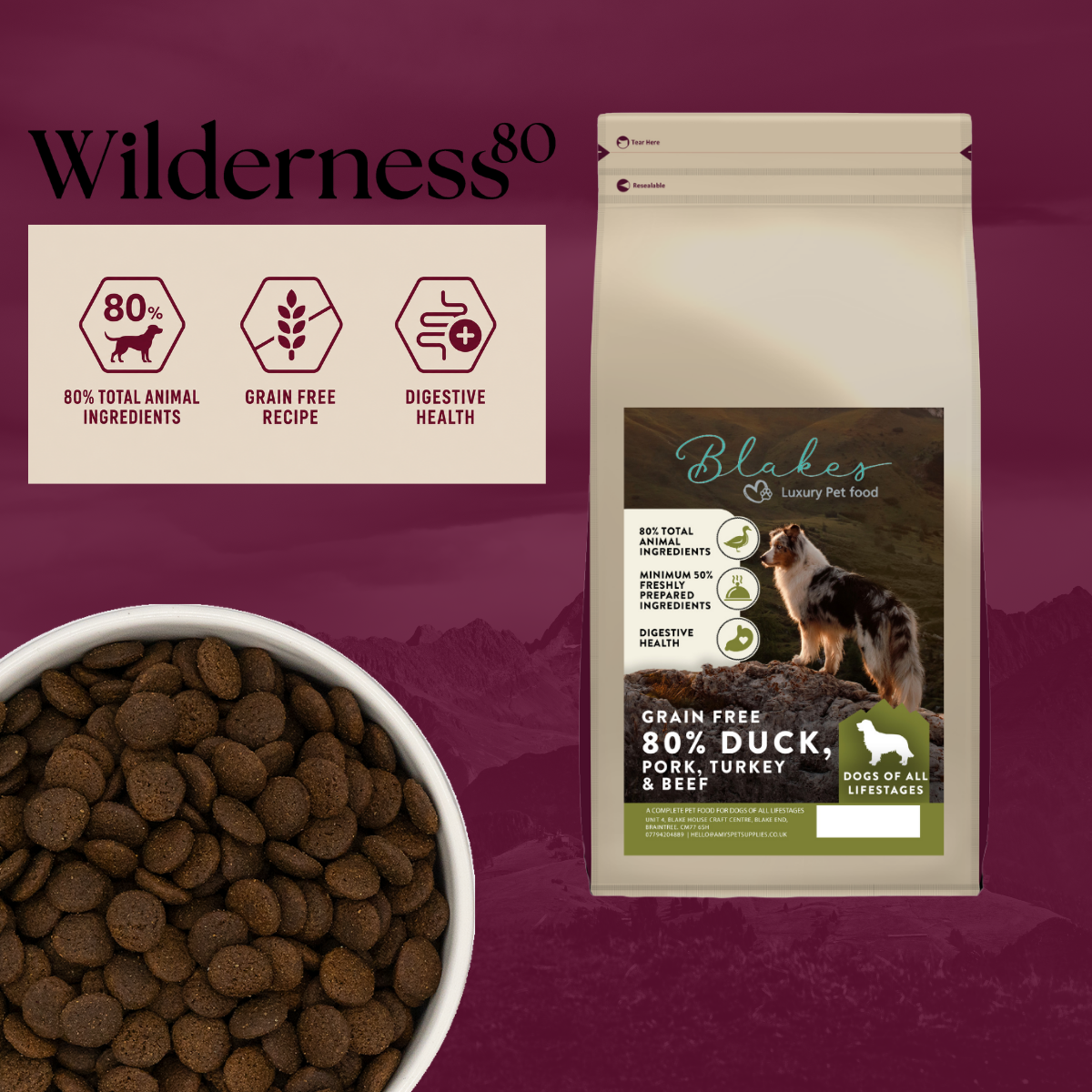 Blake’s Wilderness 80 Duck, Pork, Turkey & Beef Grain Free Dog Food – 80% Animal Ingredients – All Life Stages.