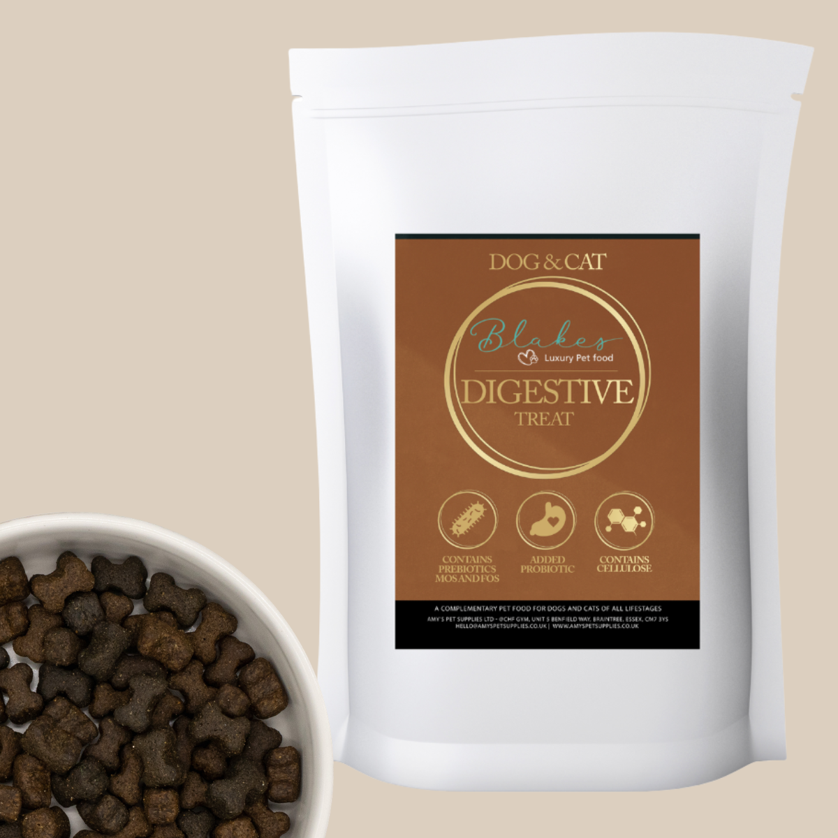Bag of Dog & Cat Blakes Digestive Treats with a bowl of pet food on a beige background