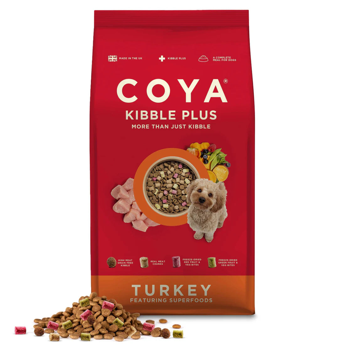 Red bag of Coya Kibble Plus dog food with a dog illustration and text about superfoods.