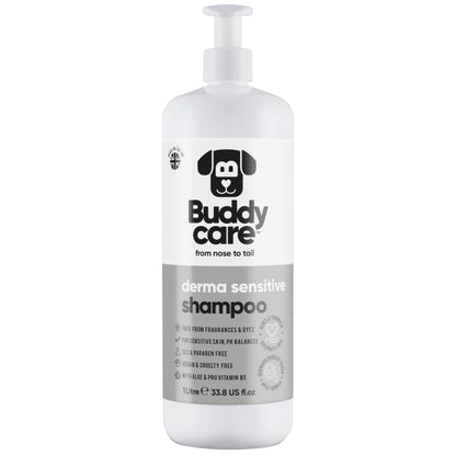 Buddy Care derma sensitive shampoo bottle on a white background