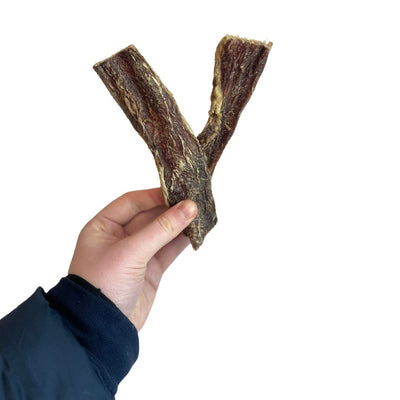 Hand holding two 15cm Buffalo Flat Gullet chews – natural dog treats with lean texture
