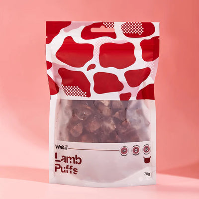 Waita Air-Dried Lamb Puffs 70g – 100% natural lamb lung treats for dogs and cats, air-dried for flavour, high protein, and hypoallergenic nutrition.