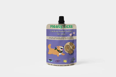 Meaty Licks calming peanut butter for dogs packaging on a white background