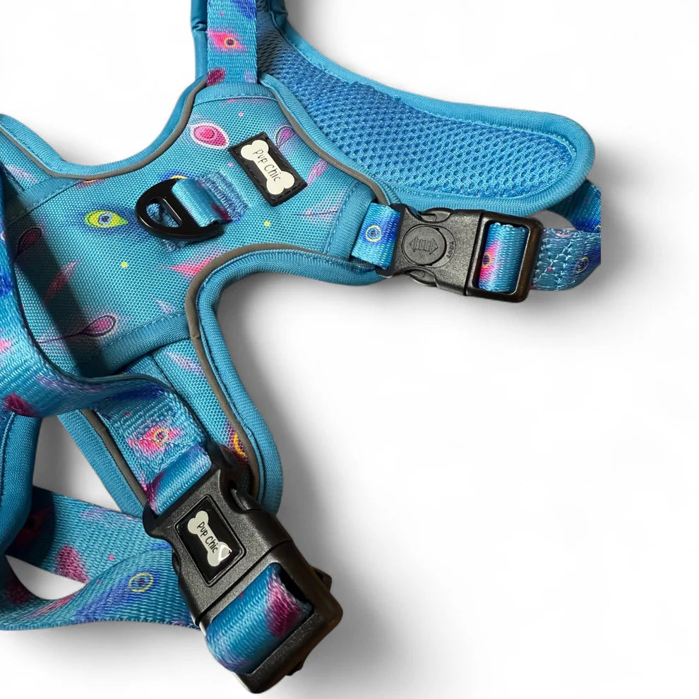 Close-up of lockable buckle and D-ring on teal tactical harness on dog harness
