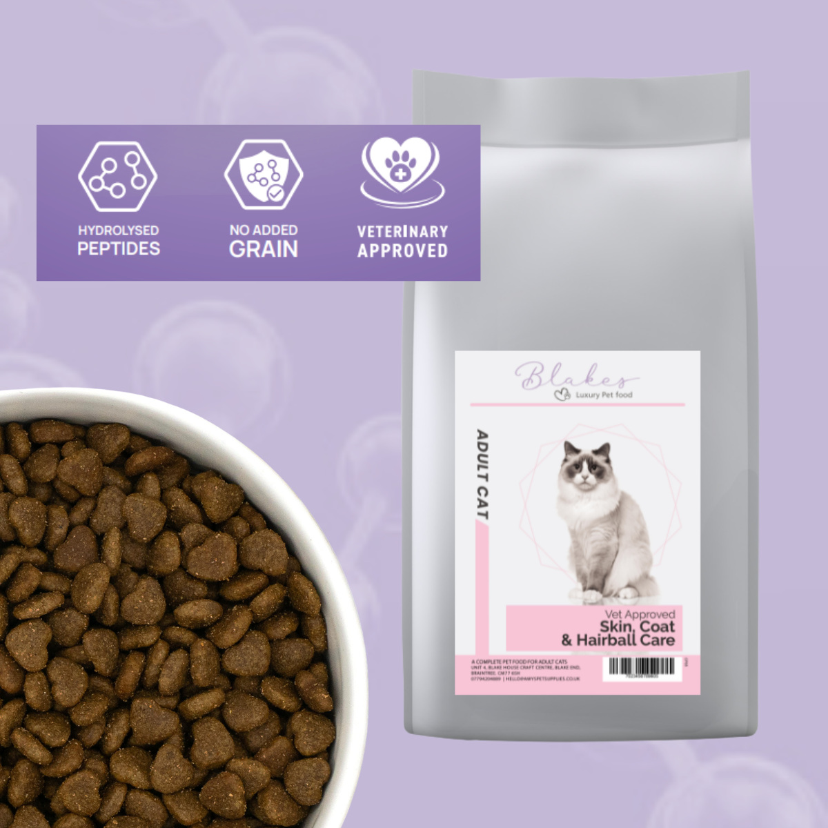Blake’s Luxury Pet Food Peptide+ hydrolysed salmon adult cat food for skin, coat and hairball care in resealable bag with kibble bowl, grain free hypoallergenic veterinary approved formula