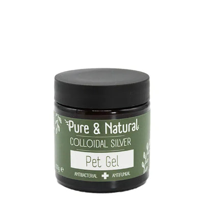 Pure & Natural Colloidal Silver Pet Gel 100g jar with antibacterial and antifungal properties, ideal for soothing skin conditions in dogs and cats.