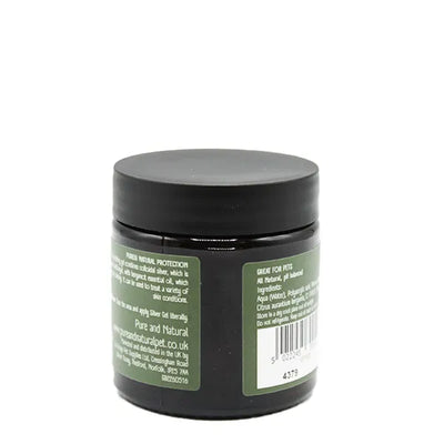 "Back label of Pure & Natural Colloidal Silver Pet Gel showing ingredient list and usage instructions for all-natural topical pet treatment."
