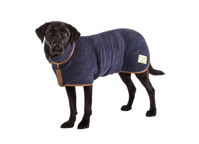 Dog wearing Ruff and Tumble Country Dog Drying Coat in French Navy with corduroy trim