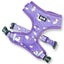 Purple dog harness with unicorn pattern on a white background