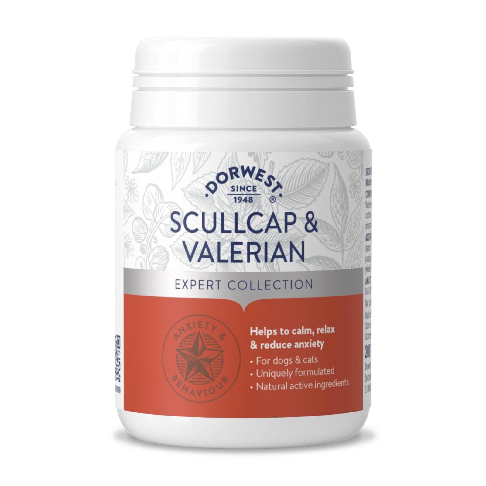 Dorwest Scullcap and Valerian 100 Tablets calming support for dogs and cats