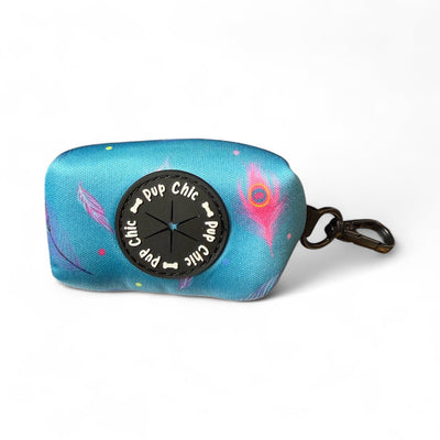 Blue pouch with feather design and 'Pup Chic' label on a white background