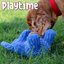 Dog playing with blue plush elephant toy on grass, interactive design with treat dispenser, ideal for enrichment and active play