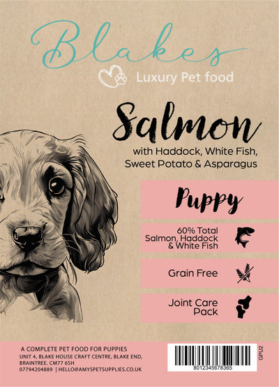 Blake’s Luxury Pet Food Puppy Salmon with Haddock, White Fish, Sweet Potato & Asparagus – grain free complete dog food with joint care pack.