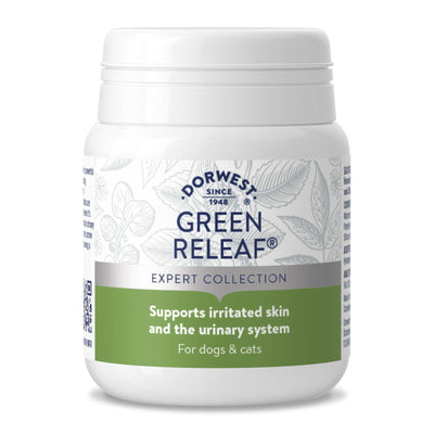 Green Releaf® Tablets – natural support for dog skin, joint health, and urinary system, made with whole green plant ingredients.

