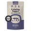 Hackney Dog House Calming Topper front packaging, 150g pouch makes 12 pints of milk. Natural calming topper for dogs with whole goat’s milk and five soothing ingredients. Supports emotional balance, promotes sleep and relaxation, just add water to create milk drink or food topper.