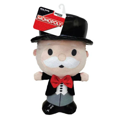 "Plush Monopoly Mr. Money Bags dog toy with squeaker and crinkle features, officially licensed Hasbro character toy for dogs."