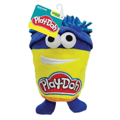 "Hasbro Play-Doh Do-Doh plush dog toy with squeaker and crinkle features, bright and soft fun character toy for dogs."