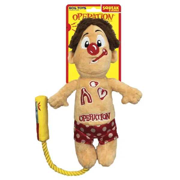 Plush Hasbro Operation Cavity Sam dog toy with squeaker and rope handle, designed for interactive play with medium to large dogs.
