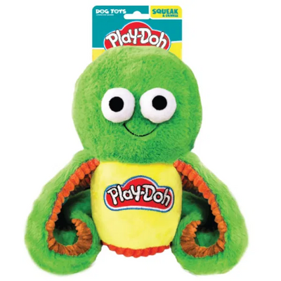 Bright green Play-Doh-themed octopus dog toy with crinkle-textured arms and a yellow belly, featuring the Play-Doh logo and a cheerful embroidered face. Includes built-in squeaker and crunch sound for multisensory play.