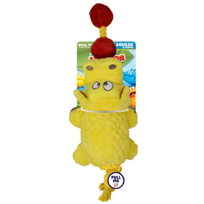 Yellow Hasbro Hungry Hungry Hippos dog toy with rope ends, plush crinkle body, and built-in squeaker, designed for tug, chew, and interactive dog play.