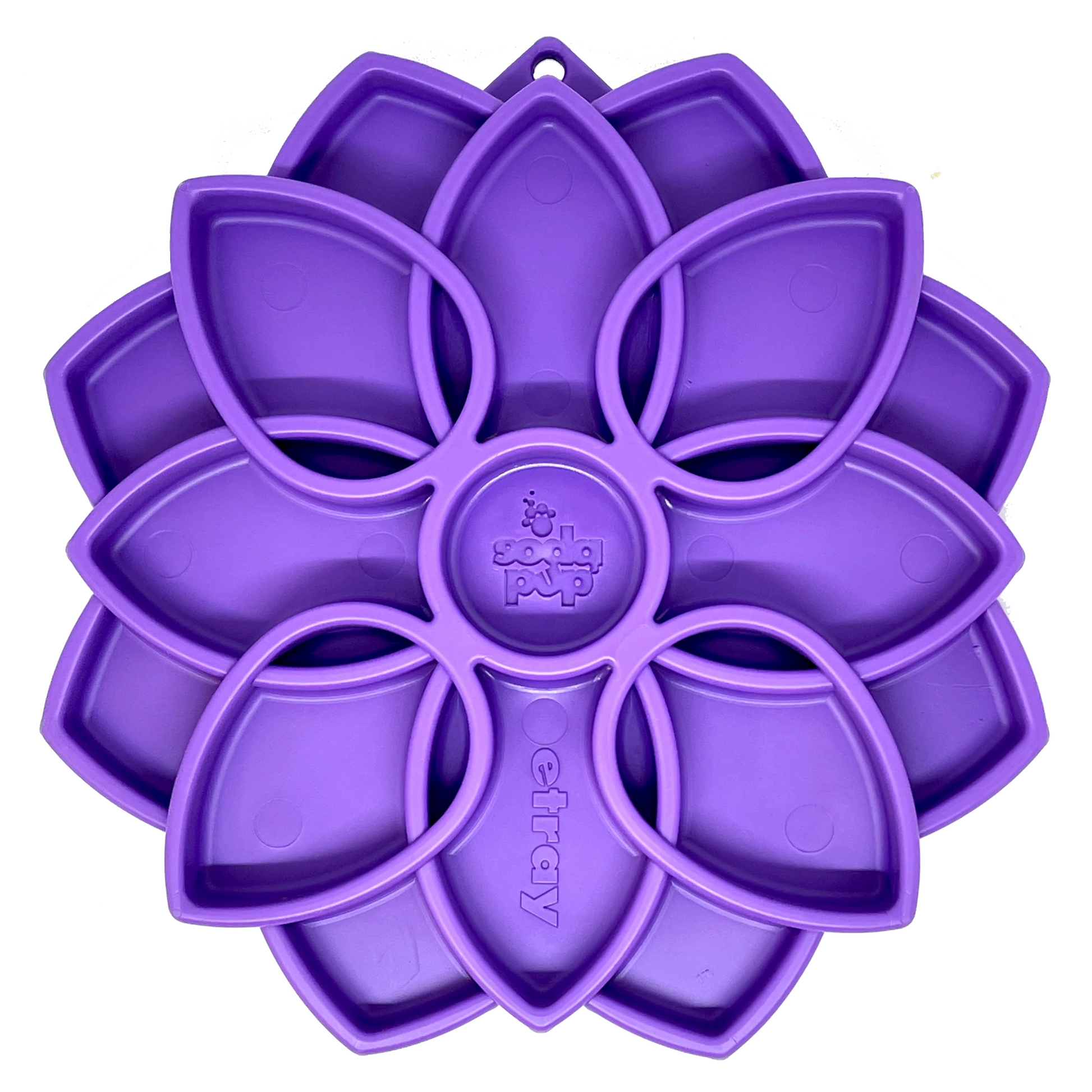 Purple Plastic pet Slow Feeder with Sodapup branding on a white background