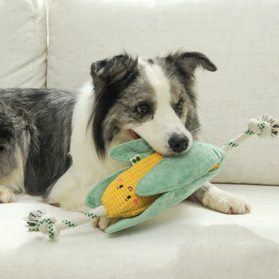 Long corn shaped dog toy with crinkle and squeaker UK