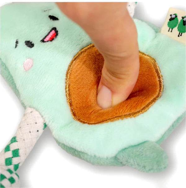 Small eco friendly avocado plush dog toy with squeaker