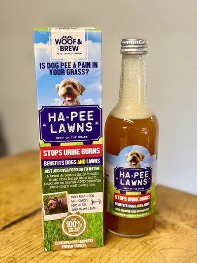 Woof & Brew Ha-Pee Lawns herbal tonic bottle and packaging displayed on wooden surface, promoting natural solution to prevent dog urine burns on lawns and support canine health
