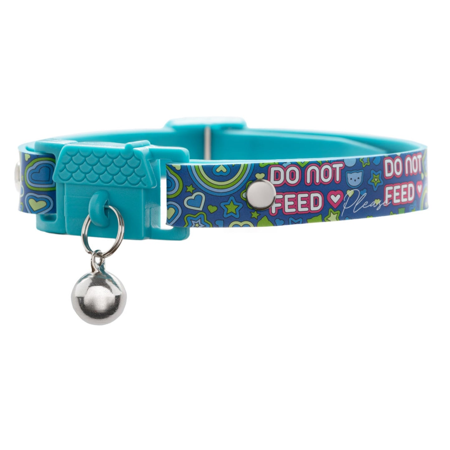 Cat collar with 'Do Not Feed' print and bell on a white background