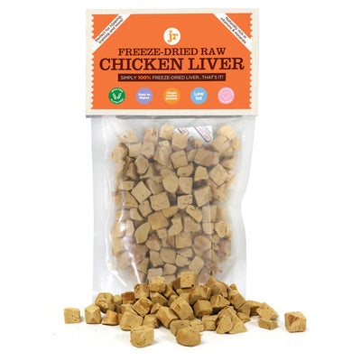 JR Freeze-Dried Chicken Liver Dog Treats; 100% chicken liver, single protein, low fat, grain free, natural raw-style training treats for dogs and puppies