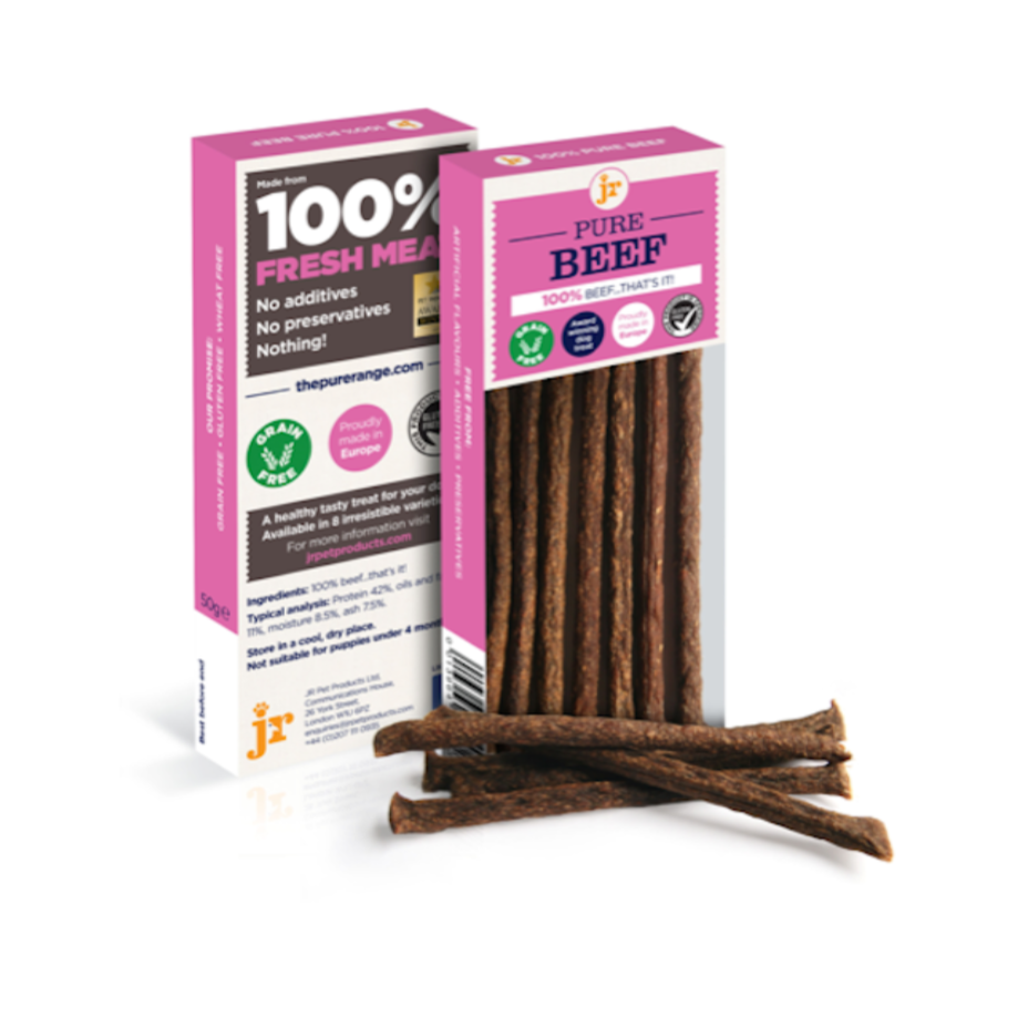 JR Pet Products Pure Kangaroo Sticks dog treats, 100% kangaroo, novel single protein, grain free, hypoallergenic, low fat, high protein, ideal for dogs with food allergies or sensitivities, available at Amy's Pet Supplies UK.

