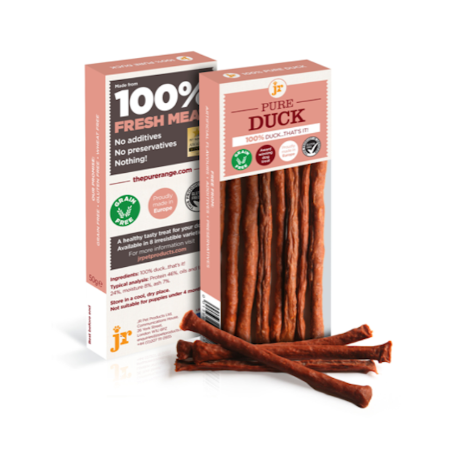 JR Pet Products Pure Duck Sticks dog treats, 100% duck, natural single protein, grain free, hypoallergenic, high protein, healthy dog chews, ideal for training, enrichment and dogs with food sensitivities, available at Amy's Pet Supplies UK.