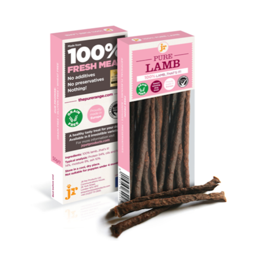 JR Pet Products Pure Lamb Sticks dog treats, 100% lamb, natural single protein, grain free, hypoallergenic, high protein, healthy treats ideal for dogs with sensitivities, perfect for training and enrichment, available at Amy's Pet Supplies UK.
