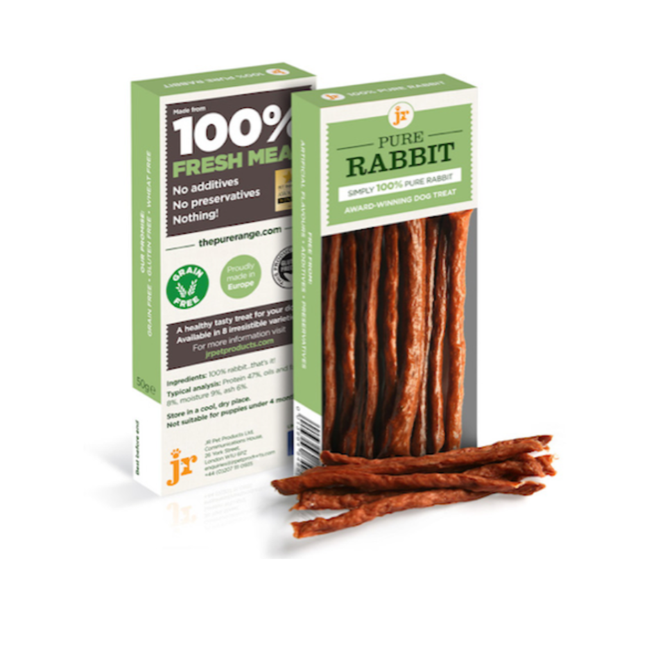 JR Pet Products Pure Rabbit Sticks dog treats, 100% rabbit, natural single protein, grain free, hypoallergenic, high protein, low fat treats, perfect for dogs with food intolerances or on restricted diets, available at Amy's Pet Supplies UK.